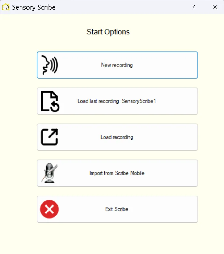 Sensory Scribe start screen showing New Recording, Load Recording and other options