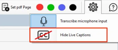Sensory Scribe settings panel showing Hide Live Captions and other options