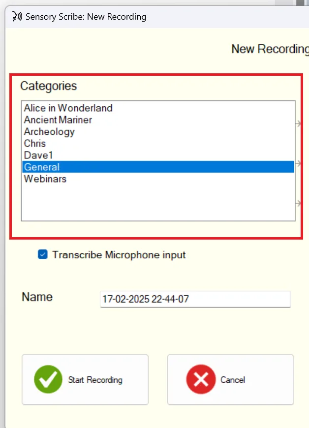 Sensory Scribe categories panel showing recording folders