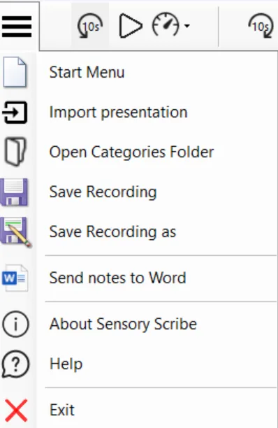 Sensory Scribe file menu showing keyboard shortcuts and all menu options
