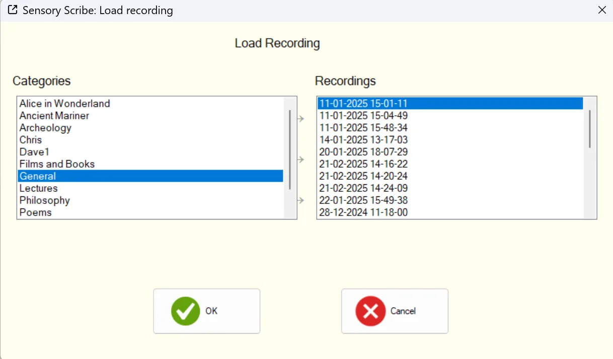 Sensory Scribe file list showing recordings available to load within a category folder