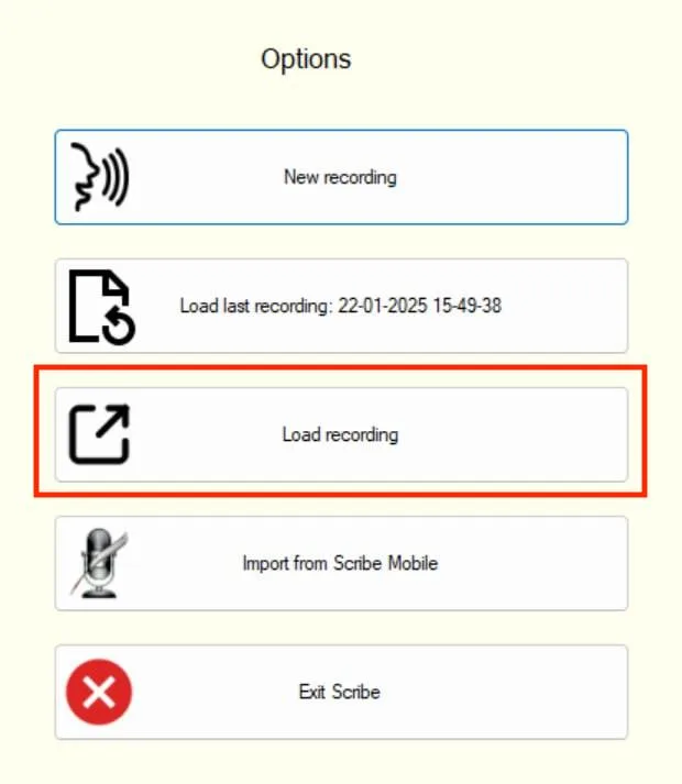 Sensory Scribe Load Recording dialog for selecting a previously saved recording project