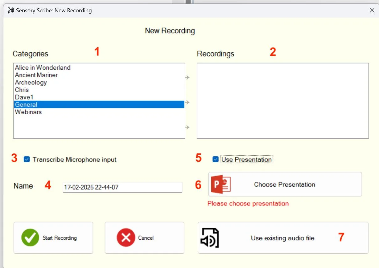Sensory Scribe new recording panel showing name, category, microphone and recording options