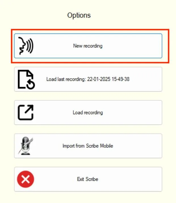 Sensory Scribe new recording setup screen with existing audio file option selected