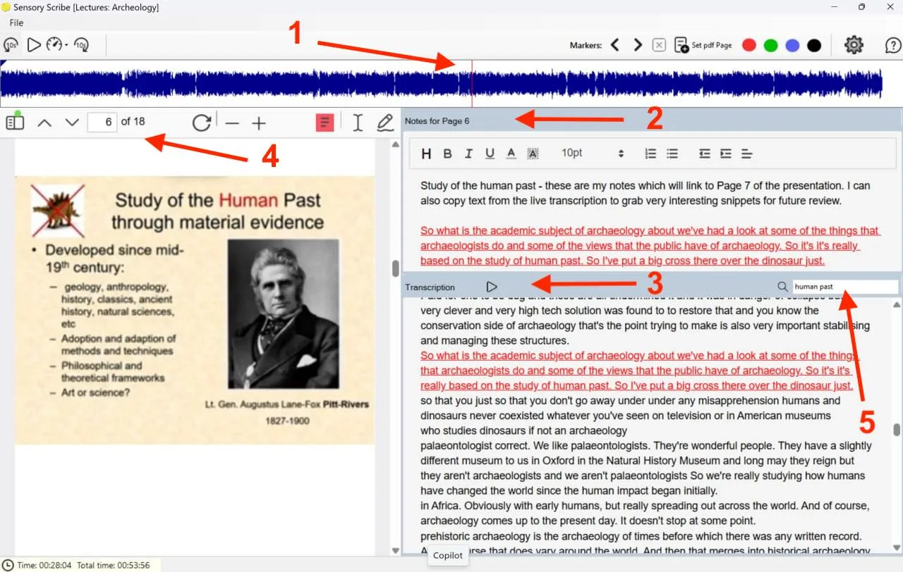 Sensory Scribe review screen showing audio timeline, notes pane, transcription text, PDF document pane and search box