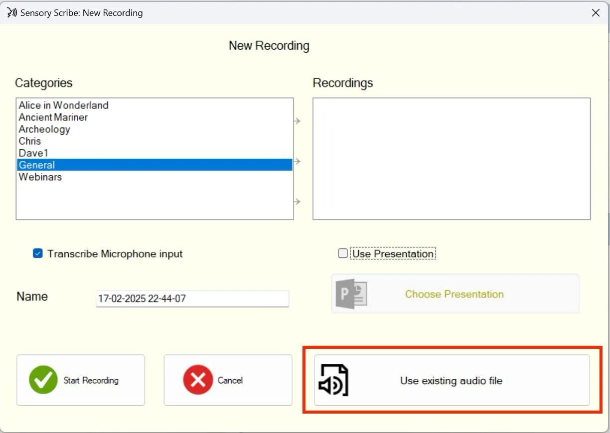 Sensory Scribe options screen showing the Use existing audio file button