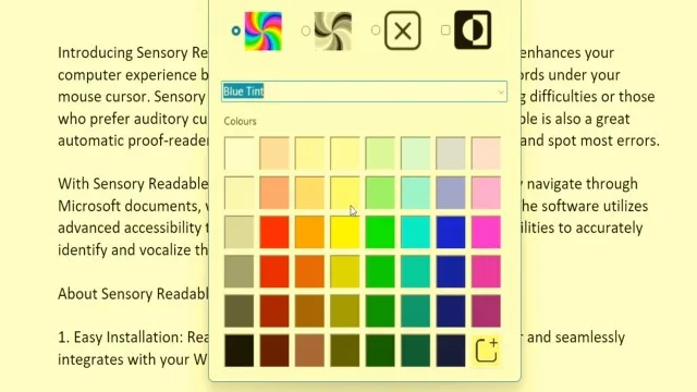 Sensory Tint application window showing the colour picker and tint controls for the Windows screen overlay