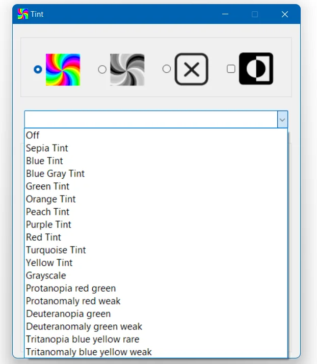 Sensory Tint preset tints dropdown list including colour vision deficiency adjustment options