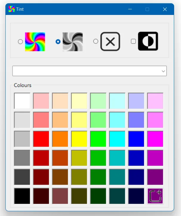 Sensory Tint showing the four colour mode options: Full Colour, Mono, None, and Inverted