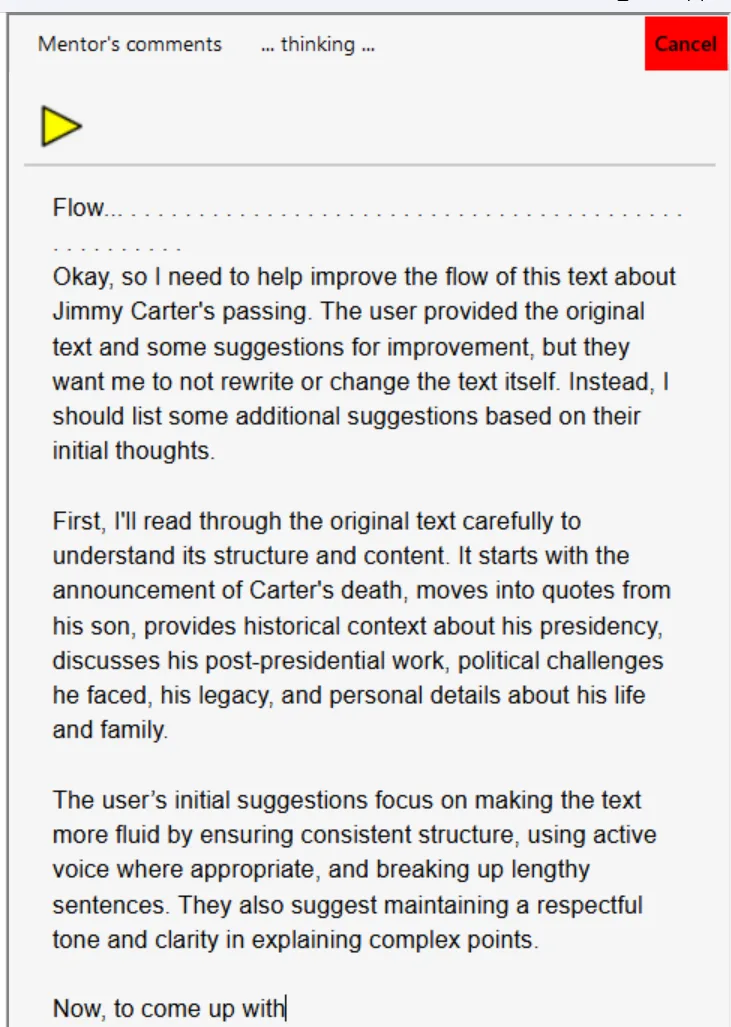 Sensory Writeable Flow analysis output showing suggestions for improving text flow and readability