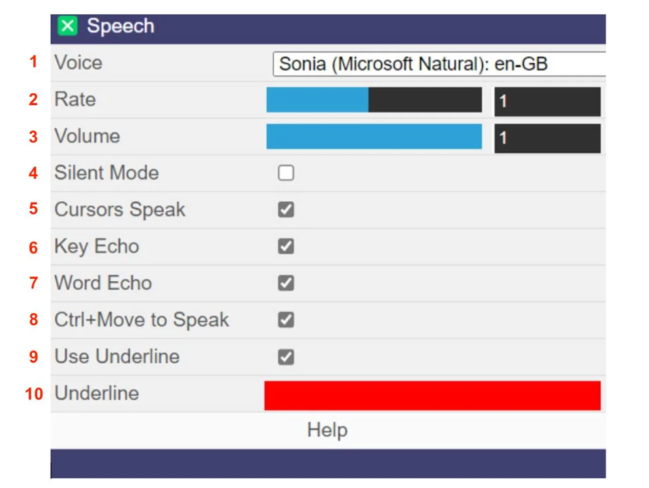 Sensory Writeable speech settings panel showing voice selection, rate, volume, and all speech options
