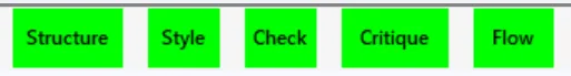 Sensory Writeable toolbar showing the five analysis command buttons: Structure, Style, Check, Critique, and Flow