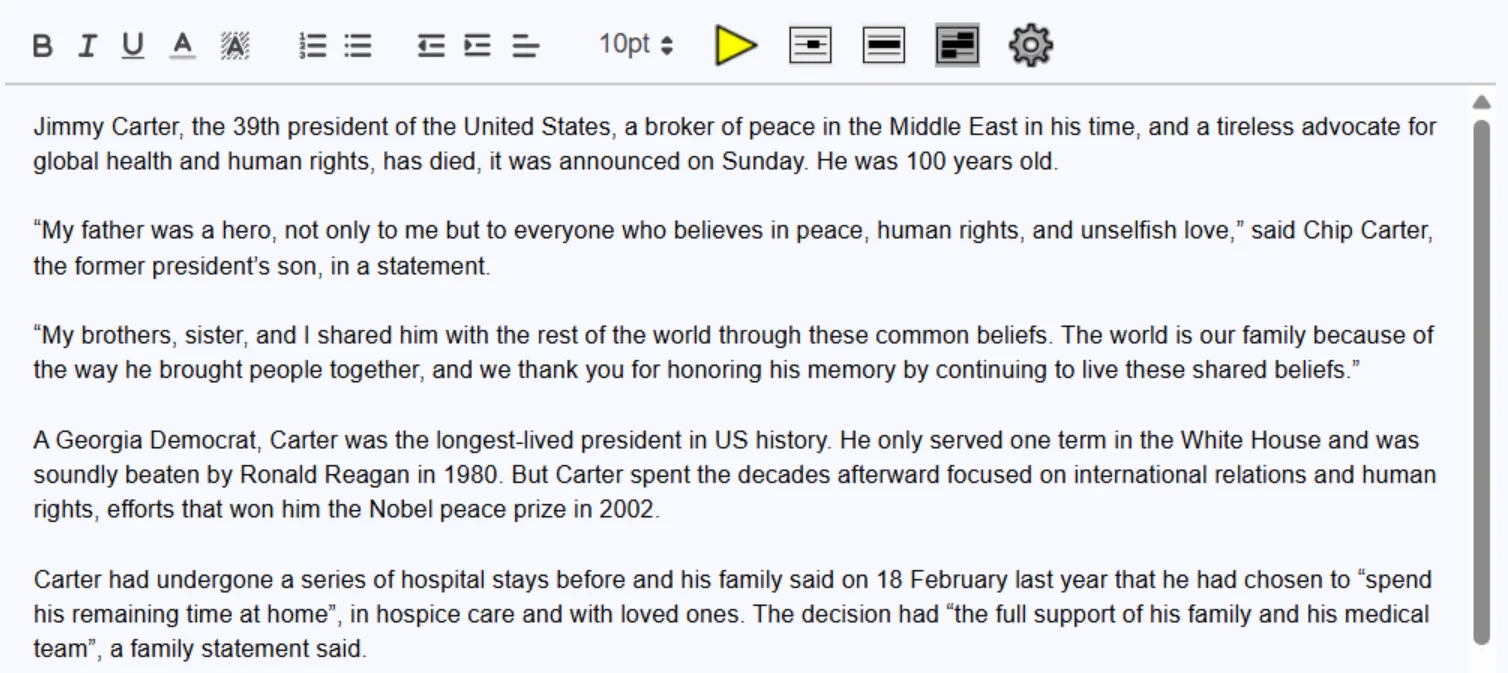 Sensory Writeable text input pane showing pasted document text ready for analysis