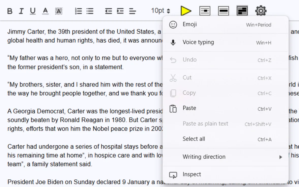 Sensory Writeable text input area showing the right-click context menu with formatting and speech options
