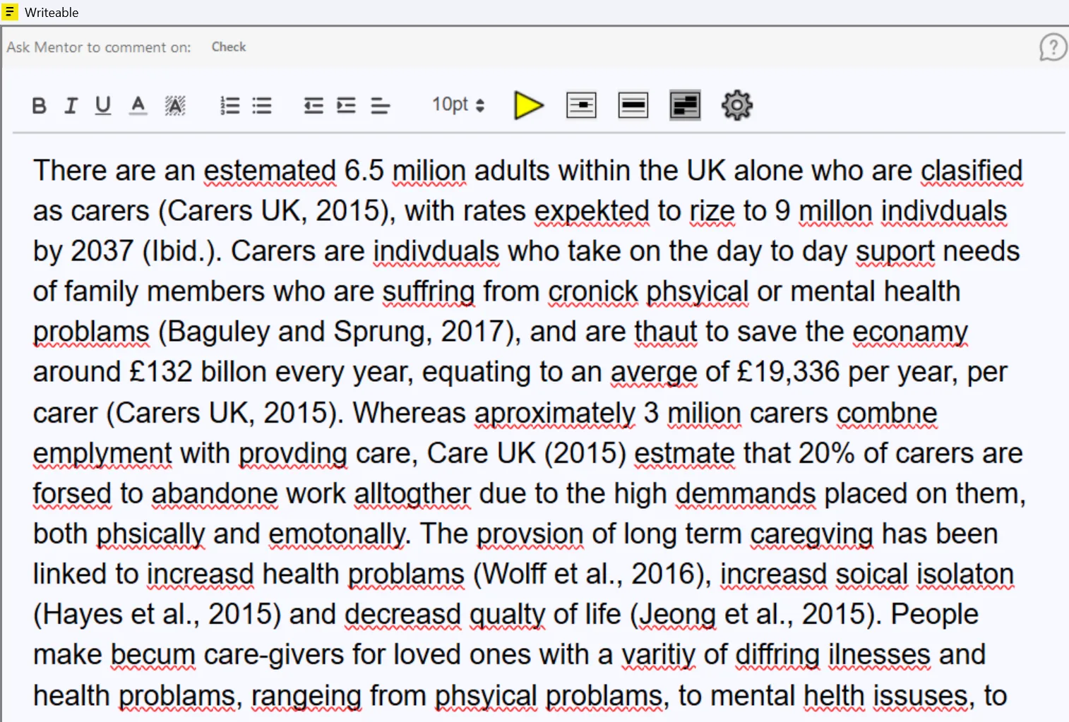 Sensory Writeable text input pane showing text with multiple spelling and grammar errors before analysis