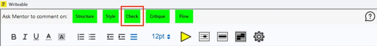 Sensory Writeable toolbar with the Check button highlighted in red