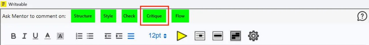 Sensory Writeable toolbar with the Critique button highlighted in red