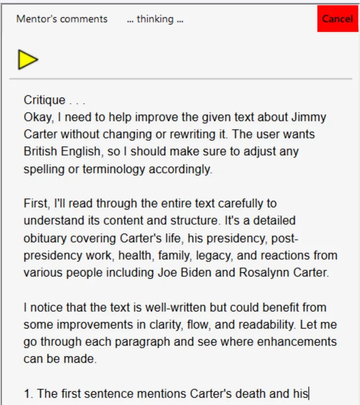 Sensory Writeable comment pane showing a detailed commentary and suggestions from the AI analysis