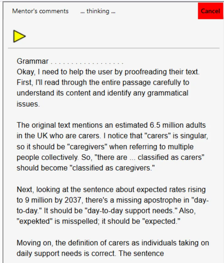 Sensory Writeable comment pane showing grammar and spelling check results being generated during analysis