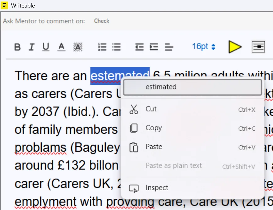 Sensory Writeable text input area showing right-click spell check menu with correction suggestions