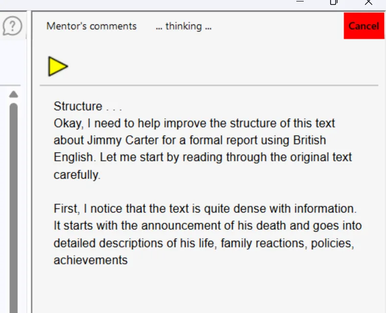 Sensory Writeable Structure analysis output showing numbered suggestions for improving text structure