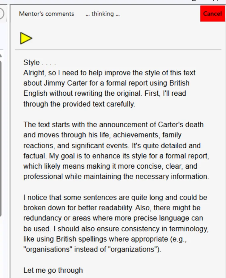 Sensory Writeable Style analysis output showing suggestions for improving writing style and vocabulary
