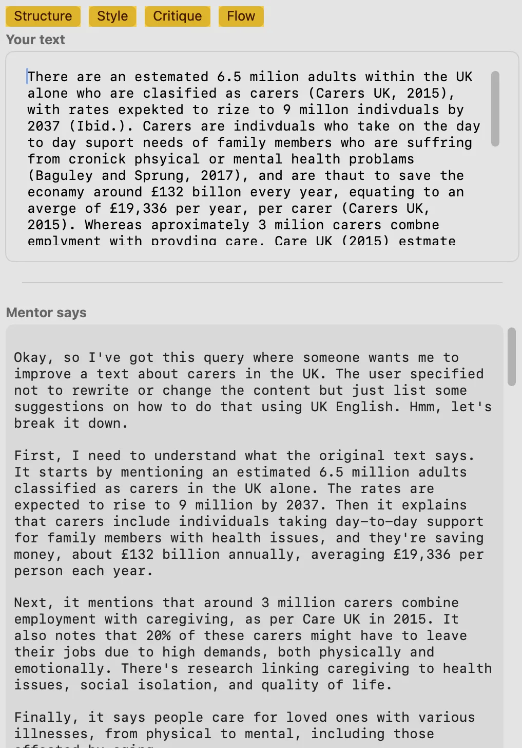 Sensory Writeable Structure analysis output showing numbered suggestions for improving text structure