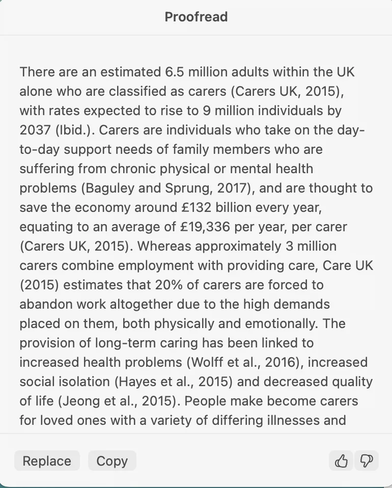 Apple Writing Tools showing a corrected version of text with a Replace button to update the document