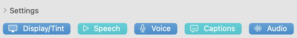 Sensory Writeable accessibility quick links toolbar showing Display, Speech, Voice, Captions, and Audio buttons