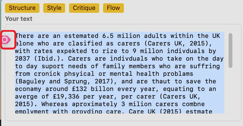 Sensory Writeable text area showing selected text with the Apple Writing Tools icon appearing above it