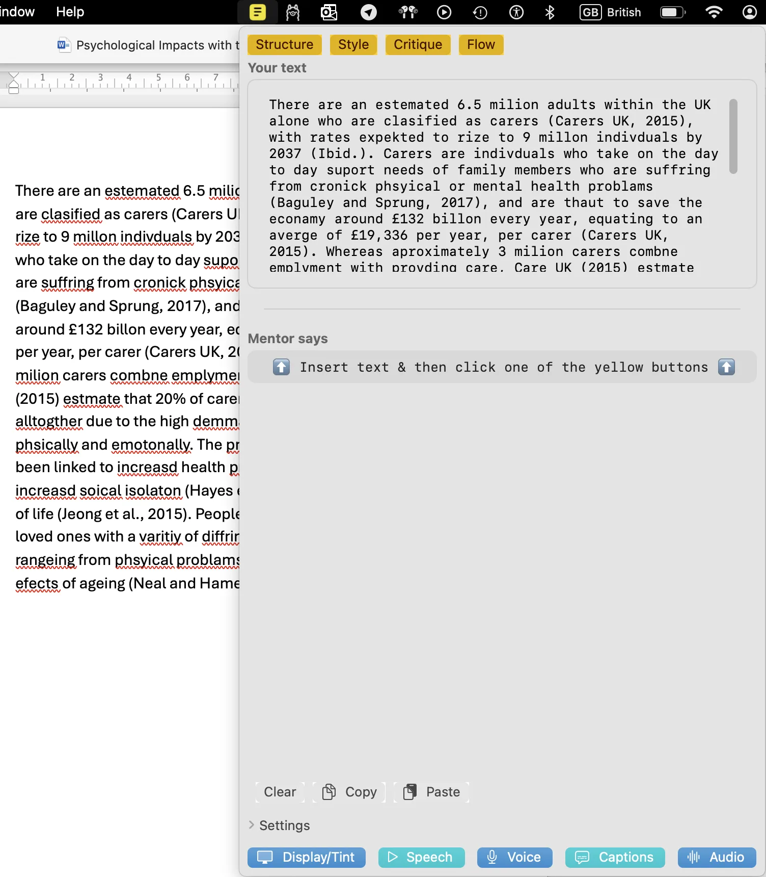 Sensory Writeable text input area showing pasted text from a document ready for analysis
