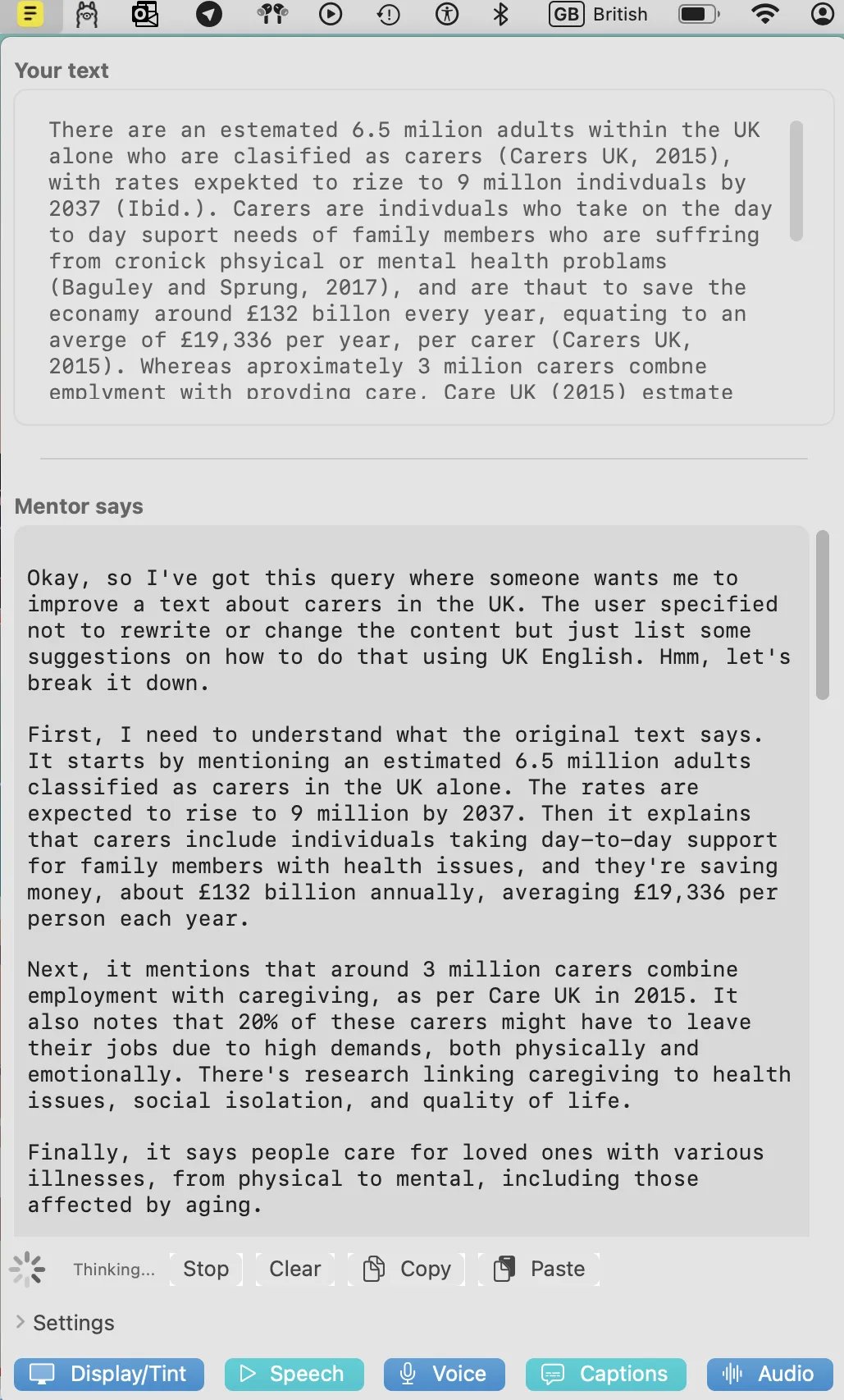 Sensory Writeable comment pane showing an AI critique of a writing sample with detailed feedback