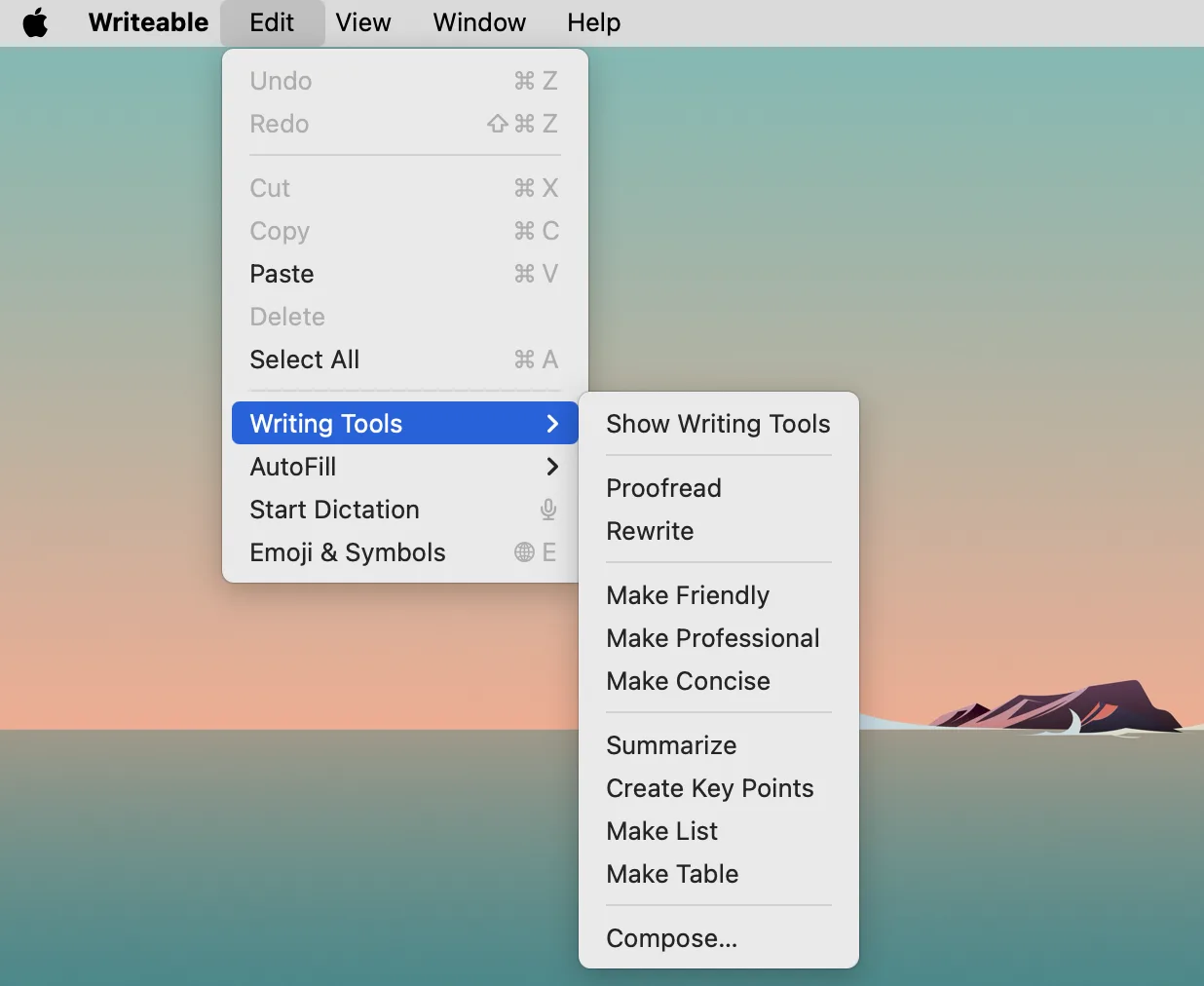 Sensory Writeable Mac menu showing Writing Tools and other menu options