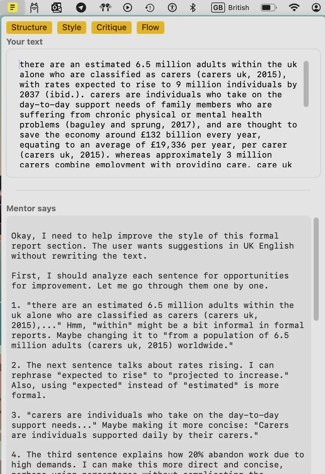 Sensory Writeable Style analysis output showing suggestions for improving writing style