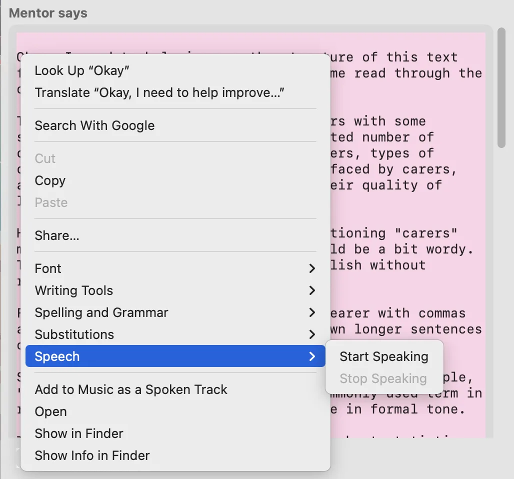 Sensory Writeable comment pane with the text-to-speech toolbar active for reading suggestions aloud