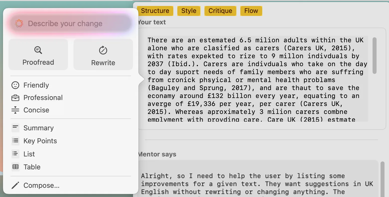 Apple Writing Tools proofread panel showing grammar and spelling corrections within Sensory Writeable